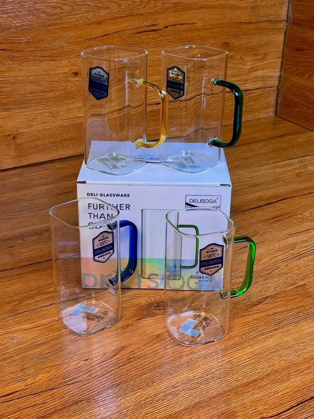 استکان مربعی شربت خوری بلند دسته رنگی برند Deli Glass 🇨🇳