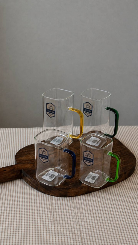 استکان مربعی شربت خوری بلند دسته رنگی برند Deli Glass 🇨🇳